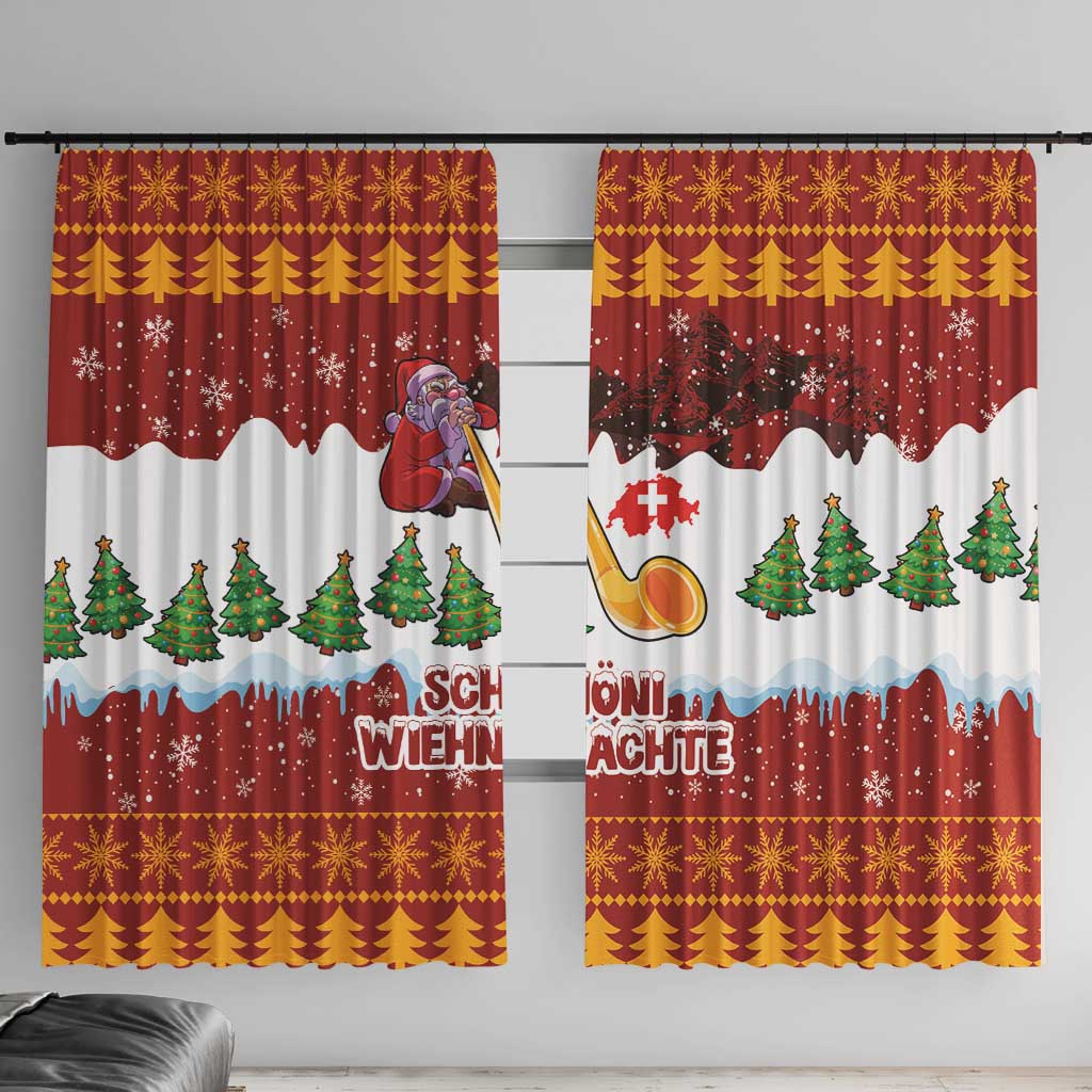 Christmas window curtain with red holiday scene, Santa playing alphorn and trees.