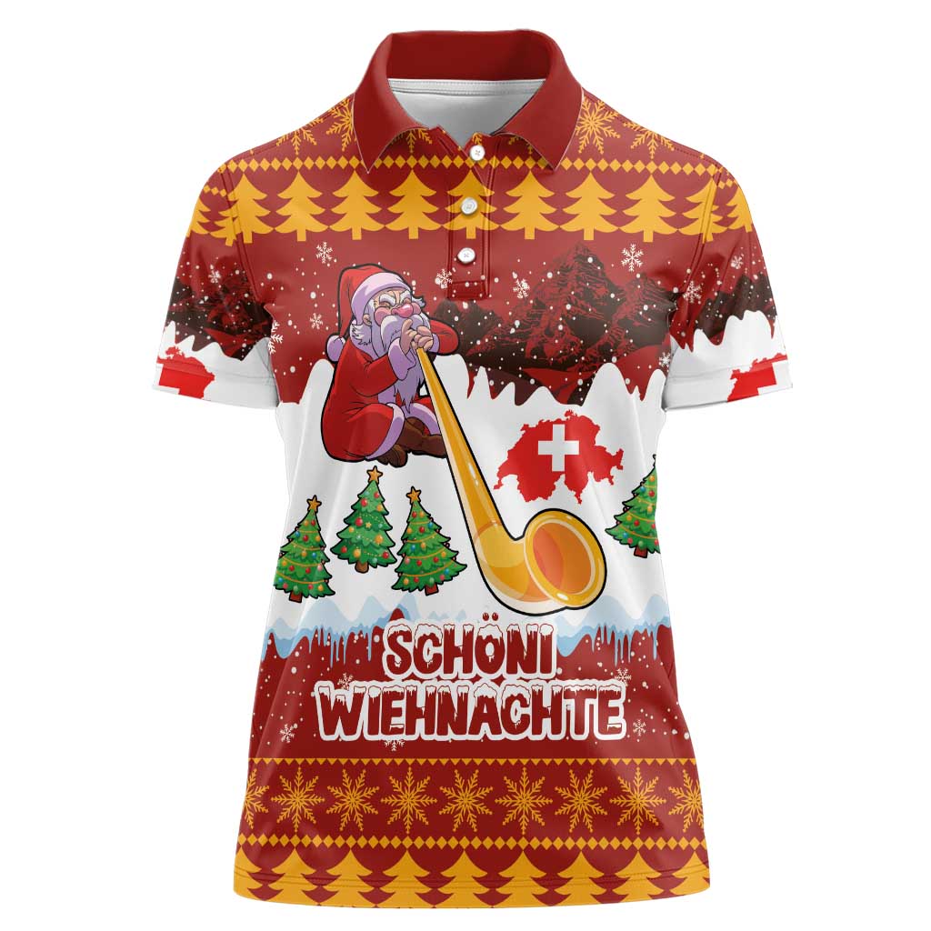 Swiss Santa Plays The Alphorn Christmas Women Polo Shirt The Matterhorn with Christmas Elements