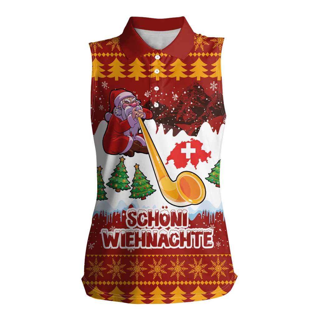 Swiss Santa Plays The Alphorn Christmas Women Sleeveless Polo Shirt The Matterhorn with Christmas Elements