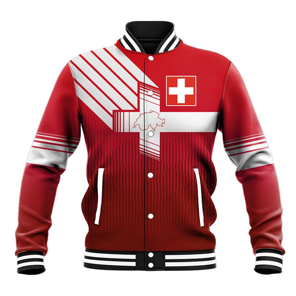 Red varsity baseball jacket with Swiss cross, striped front, snap buttons