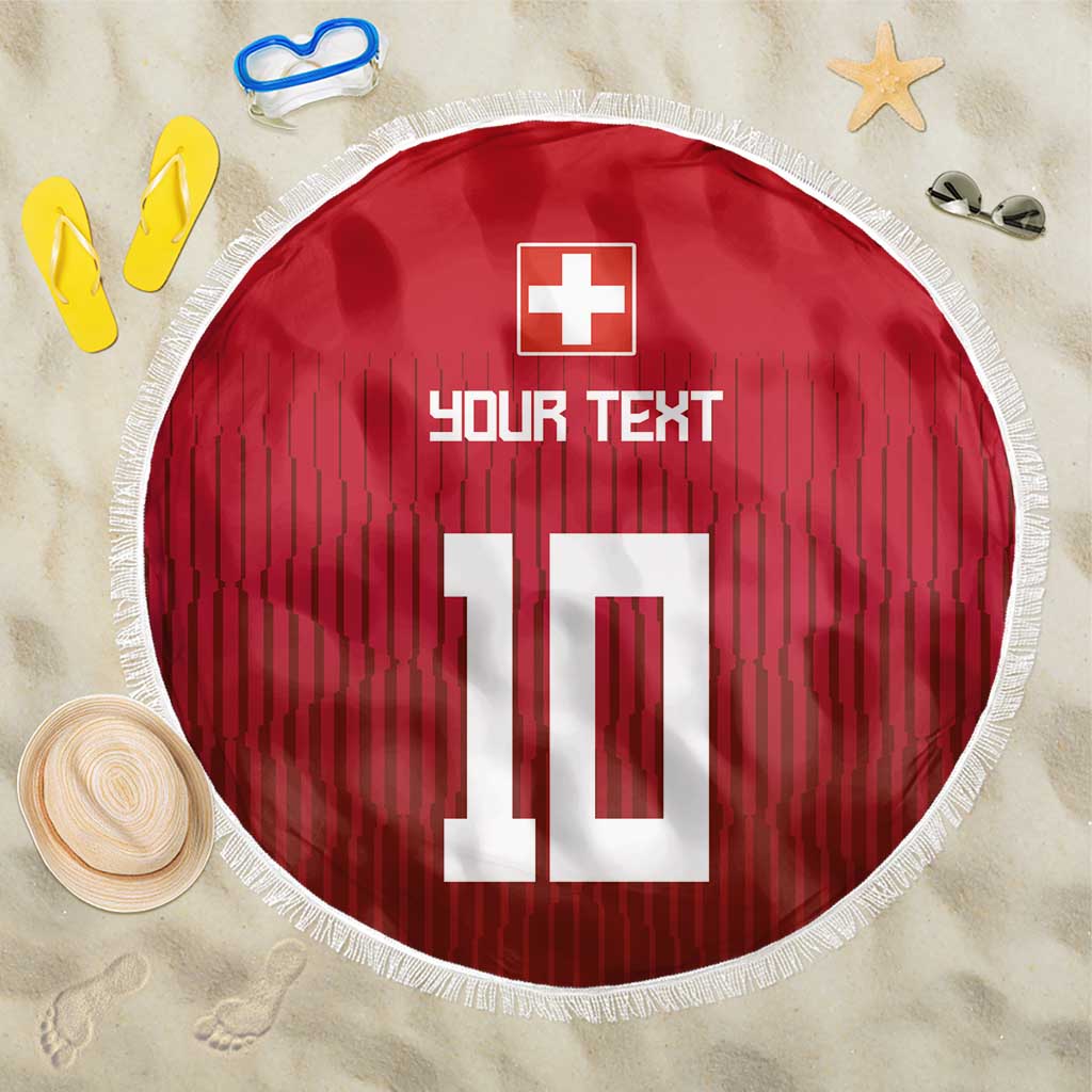 Red round beach blanket with white fringe, Swiss cross, “YOUR TEXT,” and large “10”