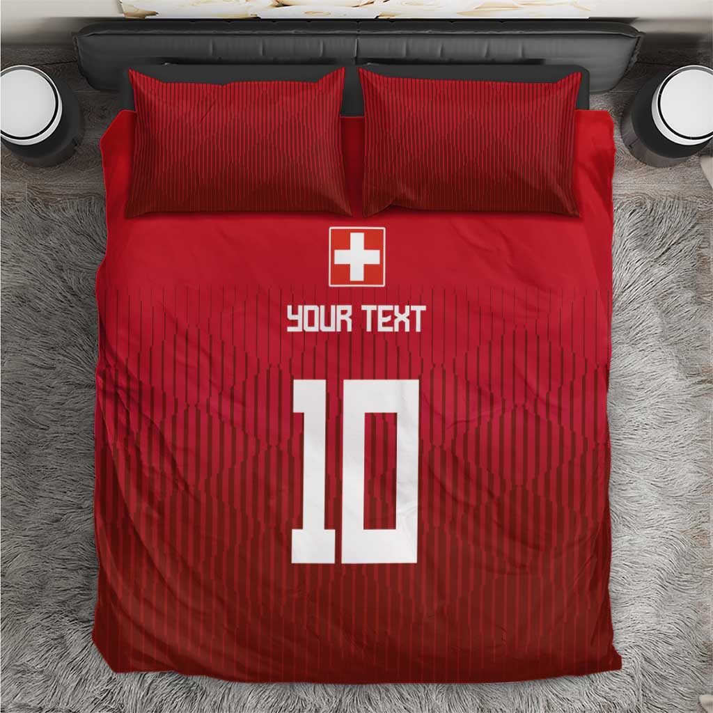 Red Swiss-style bedding set: duvet and two pillowcases with cross and '10' print