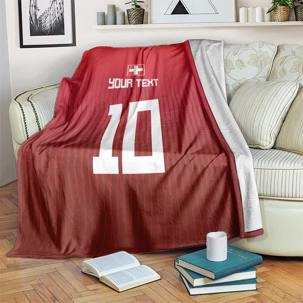 Red football jersey blanket with Swiss cross, “YOUR TEXT” and large number 10