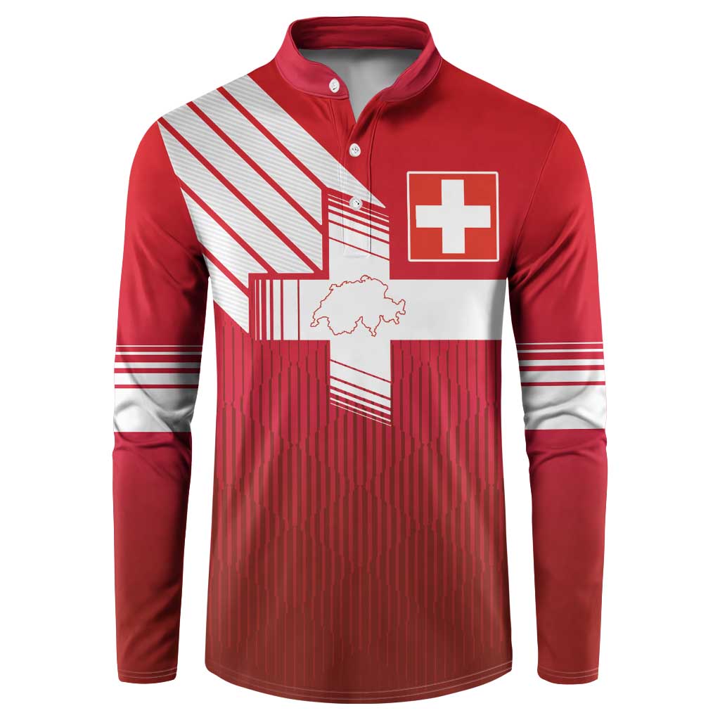 Red button-up football jersey with white stripes, Swiss cross patch, and long sleeves