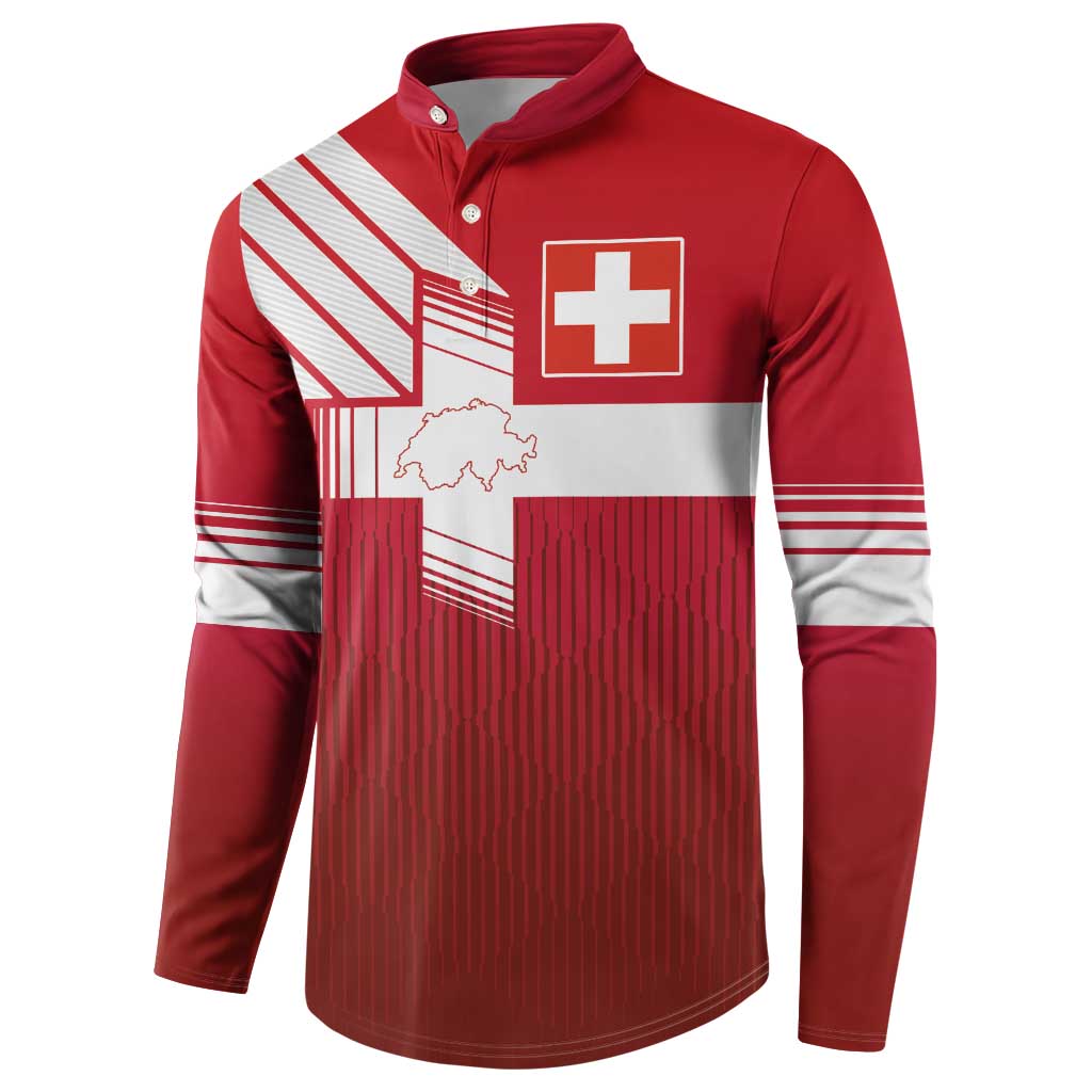 Red long-sleeve football jersey with white stripe banding and Swiss cross on chest