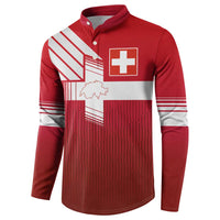 Red long-sleeve football jersey with white stripe banding and Swiss cross on chest