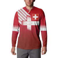 Red football jersey with white stripe panels and Swiss cross logo, front view