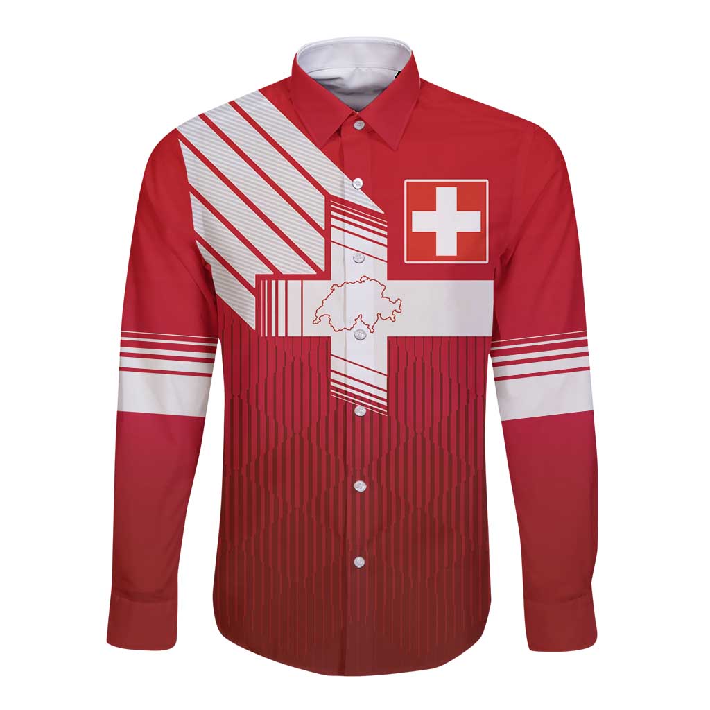 Red long-sleeve button-up football shirt with Swiss cross and white graphic stripes