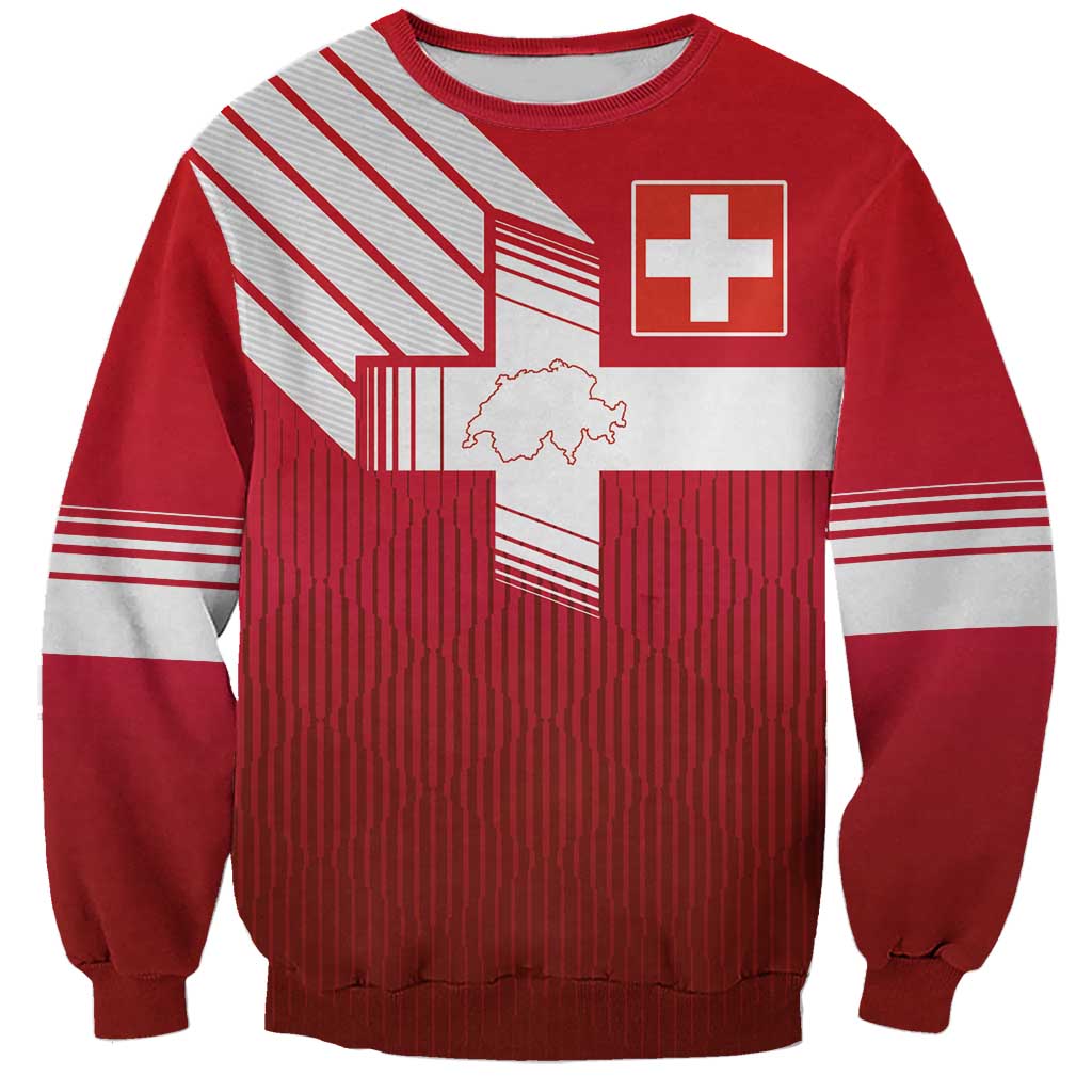 Red Swiss-style football sweatshirt with white striping, Swiss cross and map graphic