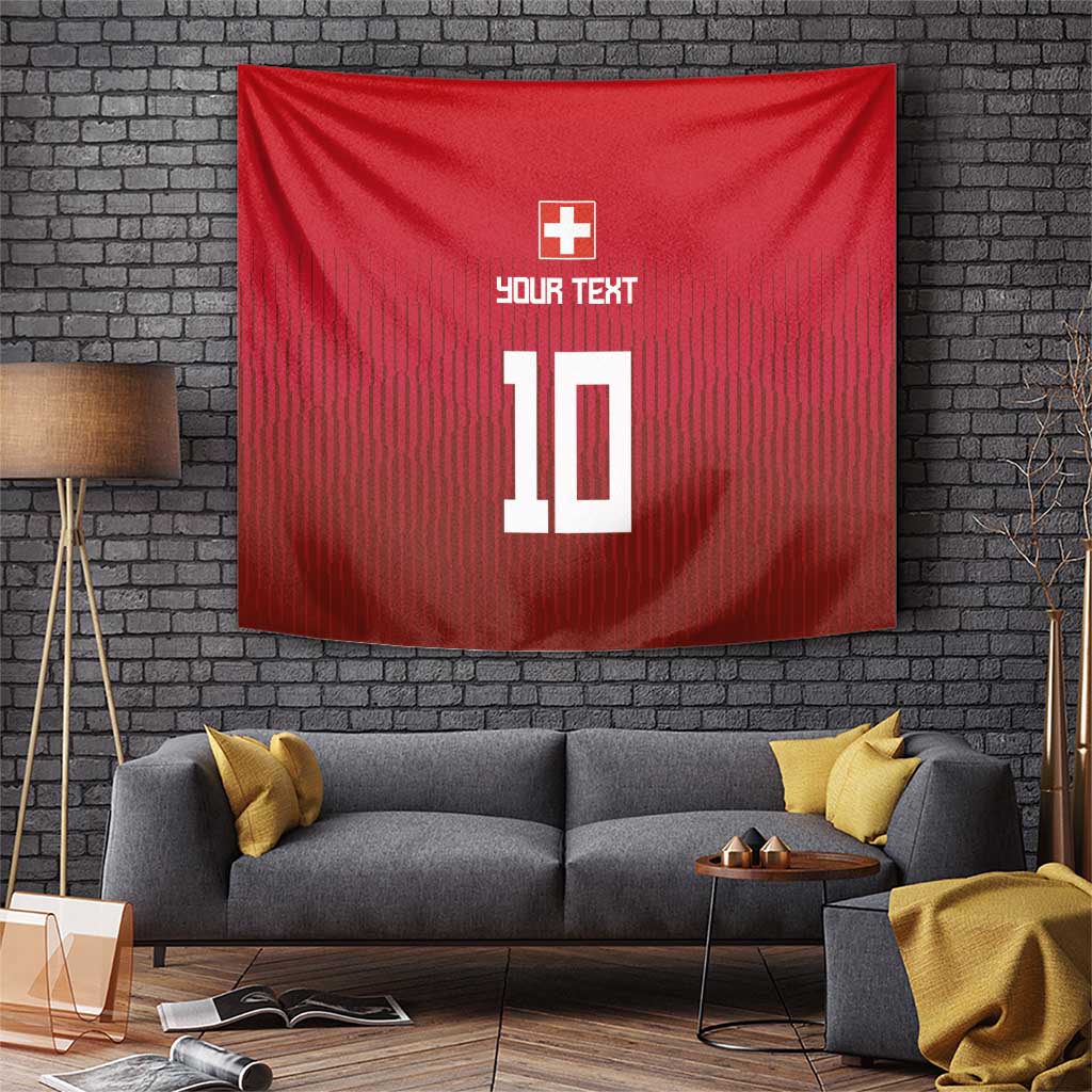 Red Swiss-themed wall tapestry with cross emblem, “YOUR TEXT” and large “10” on center