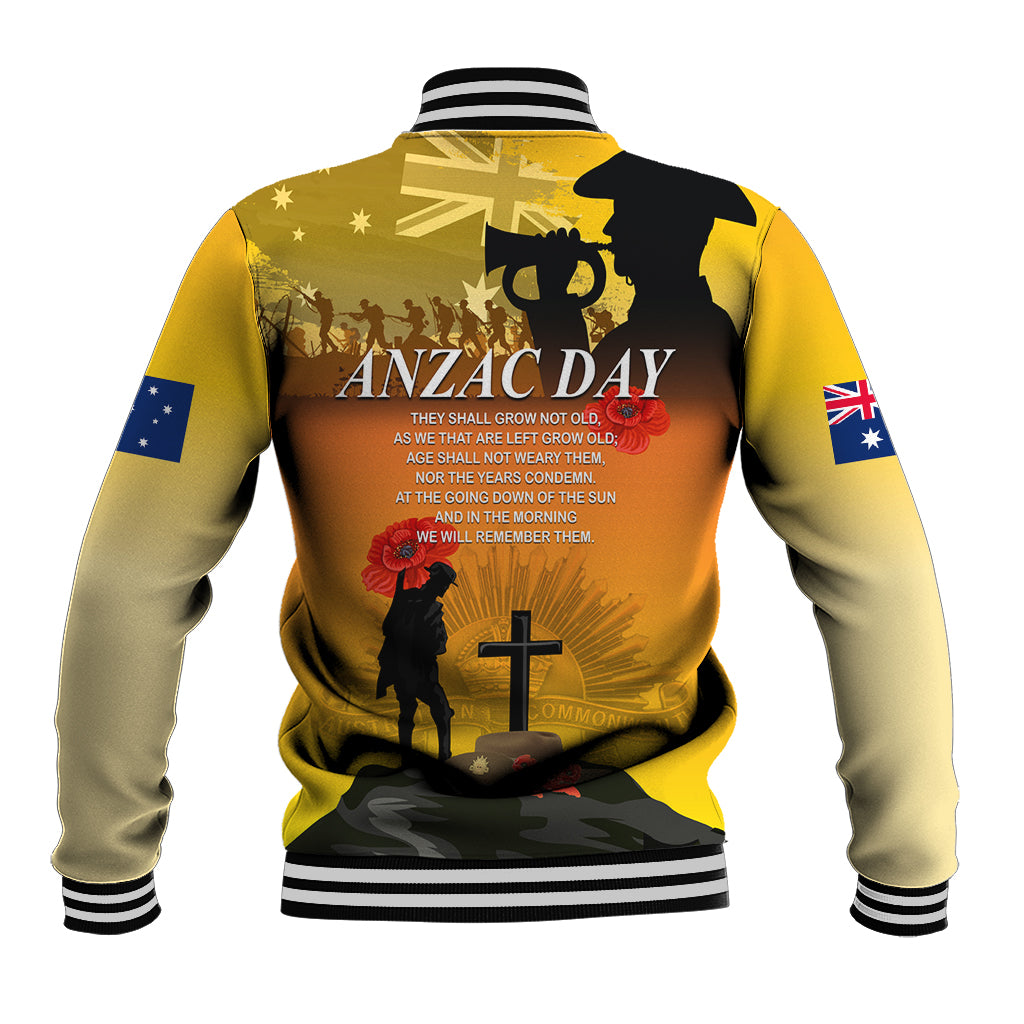 Yellow baseball jacket with ANZAC DAY back print, ribbed cuffs, and snap button front