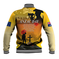 Yellow baseball jacket with ANZAC DAY back print, ribbed cuffs, and snap button front
