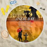 Yellow round ANZAC Day beach blanket with fringed edge and memorial scene print