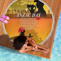 Yellow round blanket with fringed edge, ANZAC Day text and soldier-and-cross graphic