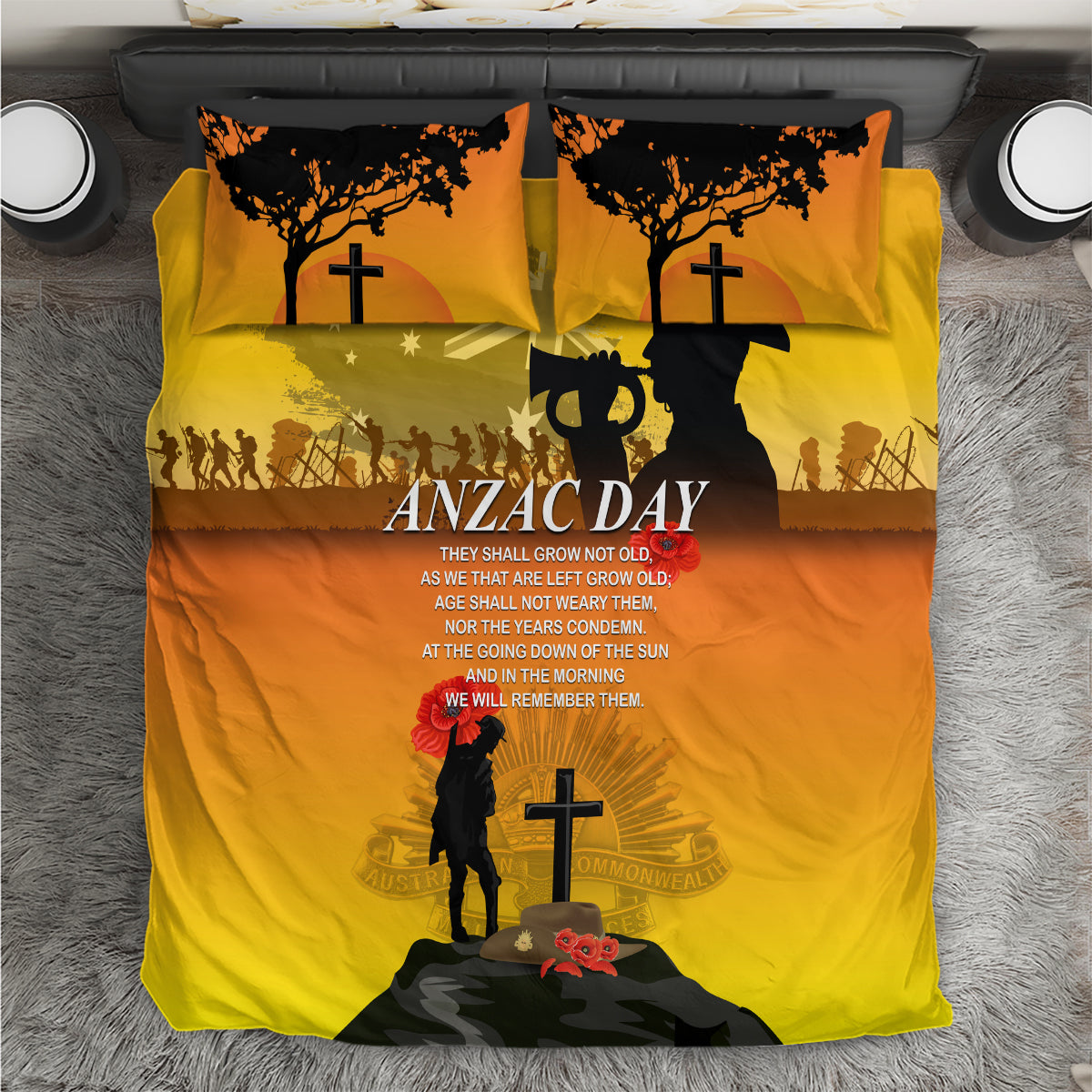Yellow ANZAC Day bedding set with printed soldier, cross, poppy and two matching pillowcases