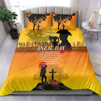 Yellow ANZAC Day duvet and pillow set featuring a soldier silhouette, cross and “ANZAC DAY”
