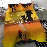 Yellow ANZAC Day duvet with soldier, cross, poppy and banner-style text, plus two pillows