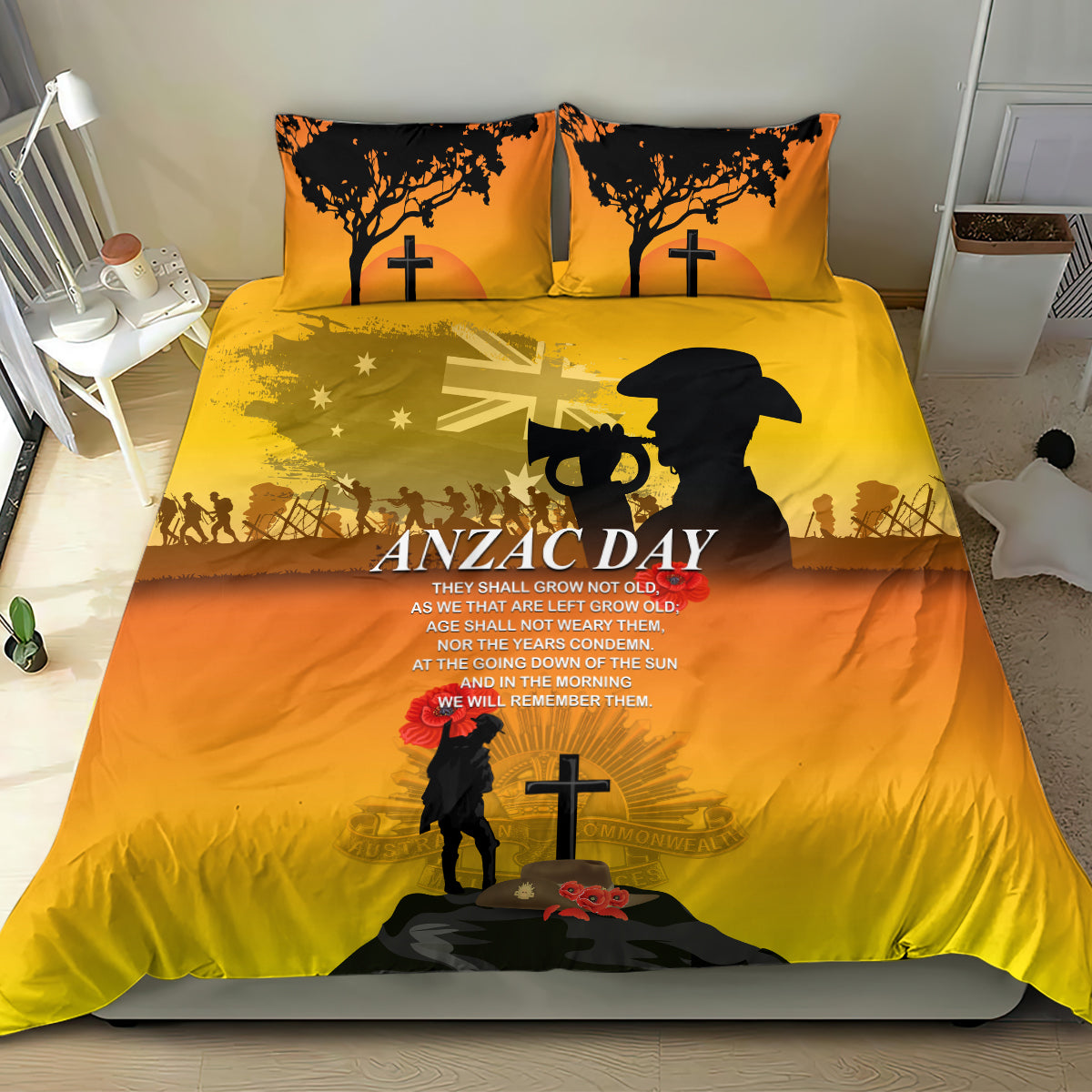 Yellow ANZAC Day bedding set on a bed: duvet front print with soldier, cross and poppy