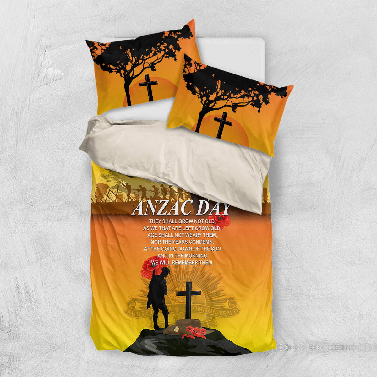 Yellow ANZAC Day duvet with soldier and cross print, two yellow pillowcases included