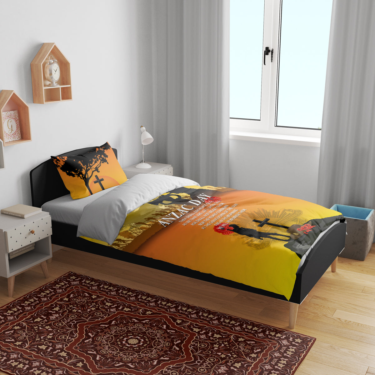 Yellow ANZAC Day duvet on a single bed with printed soldier silhouette, cross and poppy