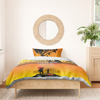 Yellow ANZAC Day bedding set with soldier, cross and poppy graphic on a bed cover