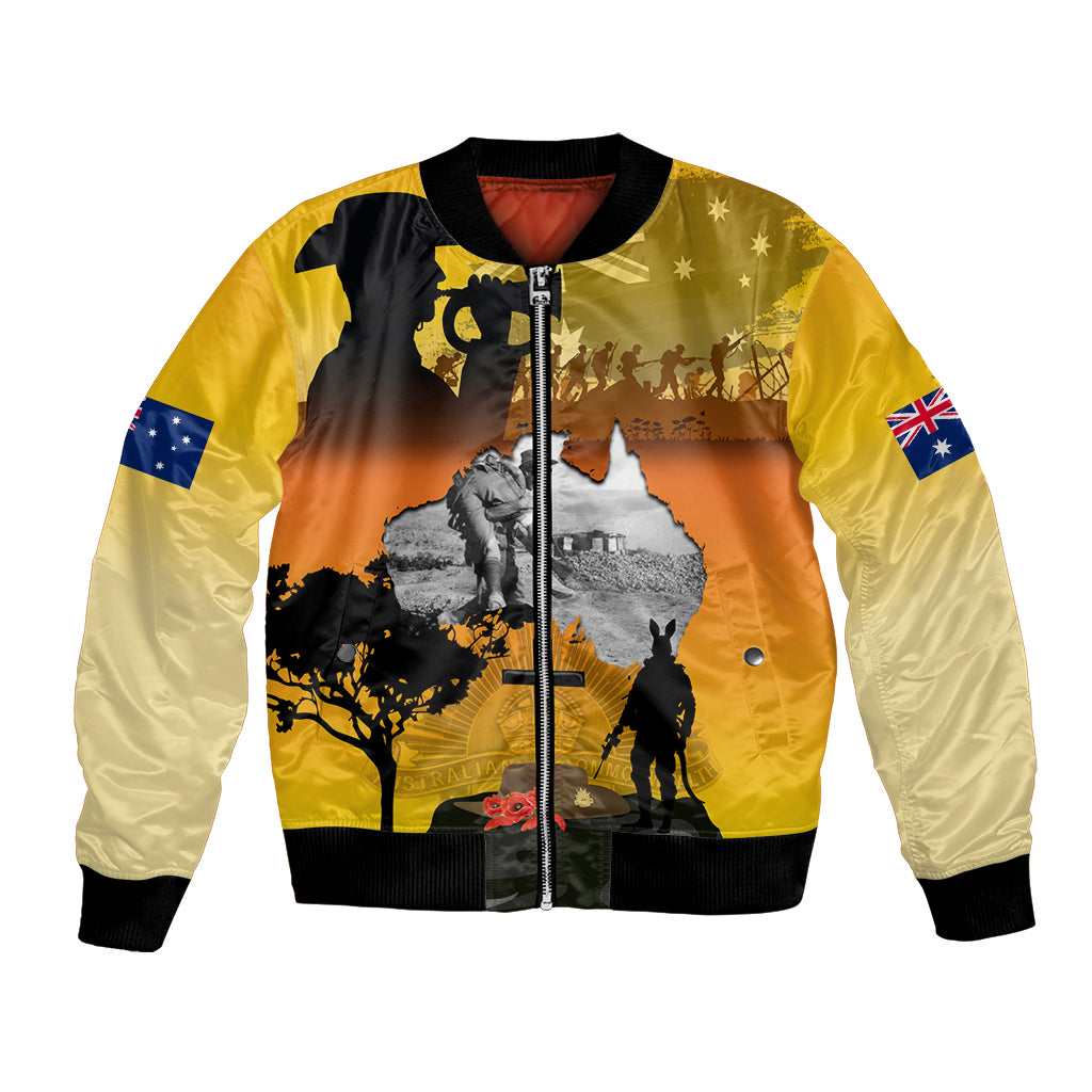 Yellow bomber jacket with black ribbed collar, zip front, and patriotic graphic panel