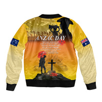 Yellow bomber jacket with ANZAC Day text, black ribbed cuffs, and zip front