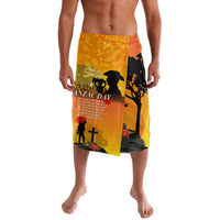 Men's yellow lavalava skirt with ANZAC Day print and black silhouette figures