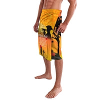 Men's yellow lavalava skirt with ANZAC Day text and poppies, black figure print