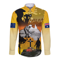 Yellow long-sleeve button shirt with front war-themed graphic, soldier and poppies