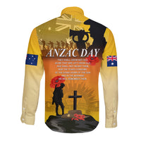 Yellow long-sleeve button shirt back with ANZAC DAY text, cross and soldier scene