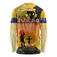 Yellow long-sleeve shirt back with ANZAC DAY text, poppy, cross, and flag art