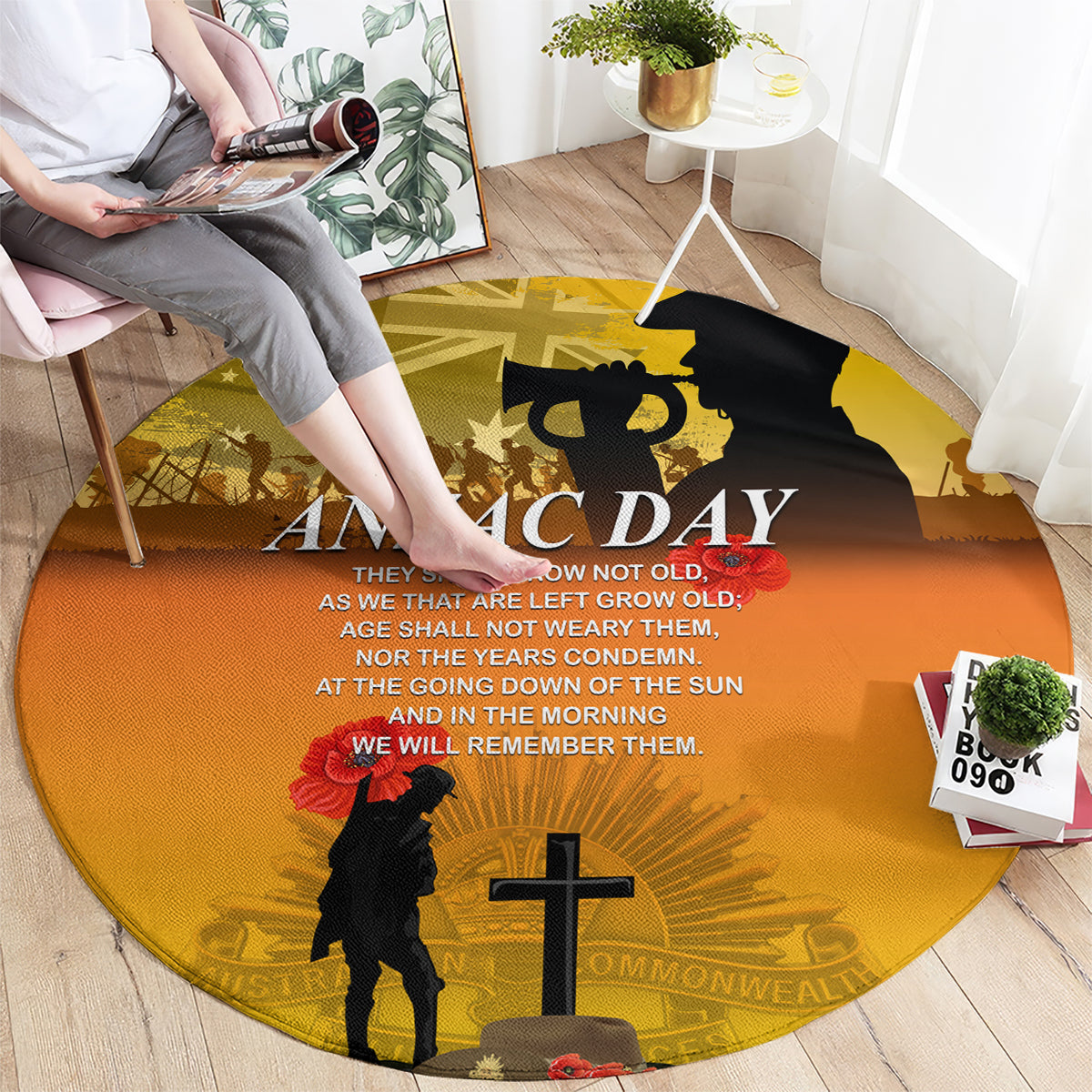 Yellow round ANZAC Day carpet with soldier silhouette, cross, and starry background
