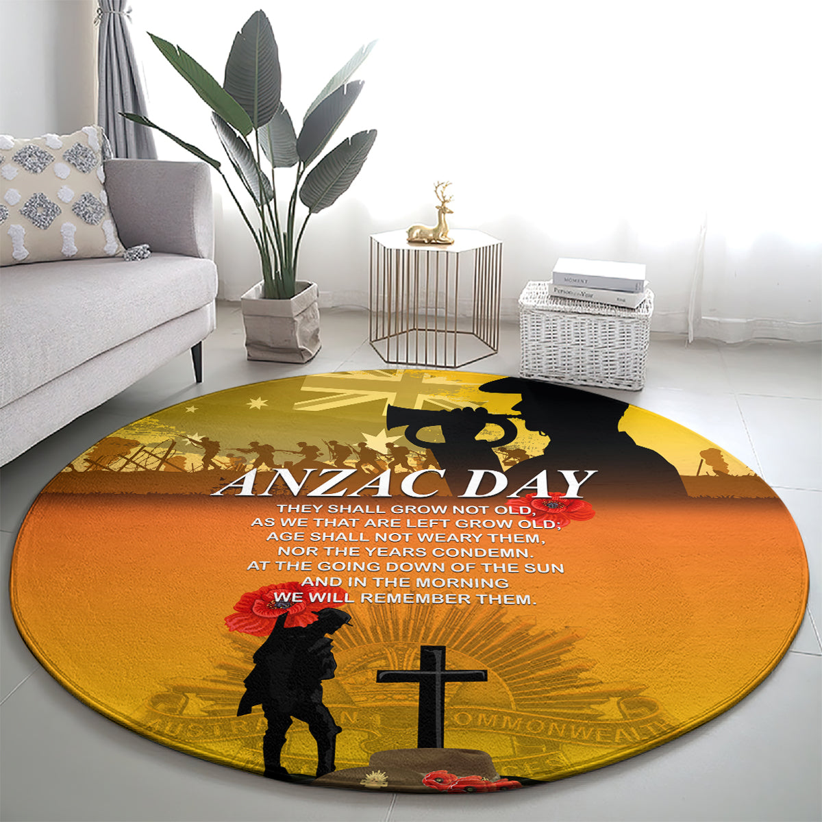 Yellow round ANZAC Day carpet with soldier silhouette and cross center graphic