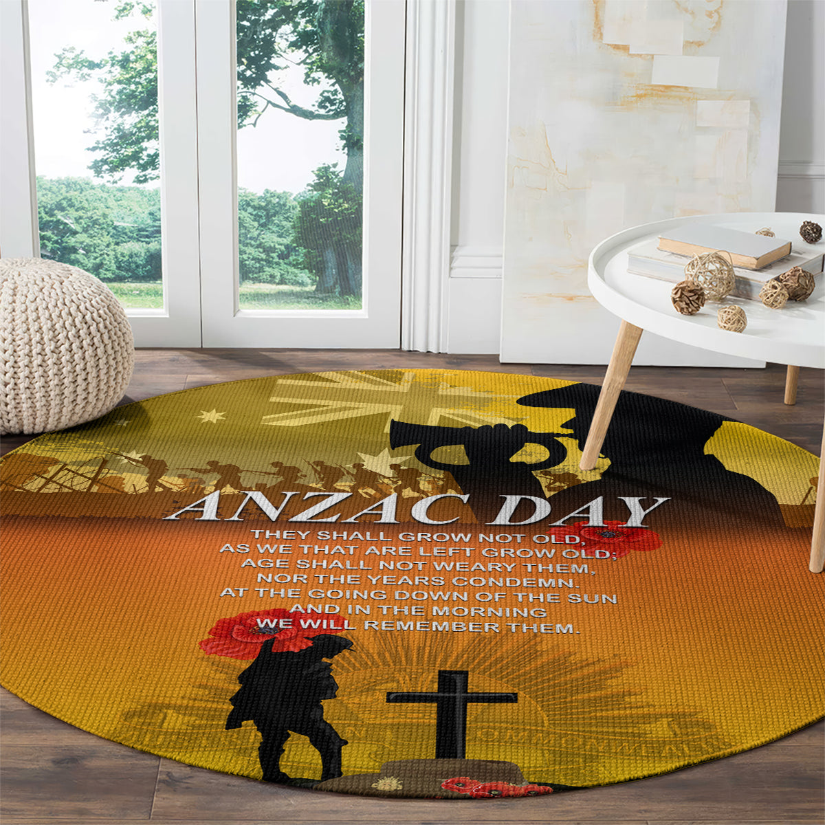 Yellow round ANZAC Day carpet featuring ANZAC DAY text, soldier silhouette, and cross