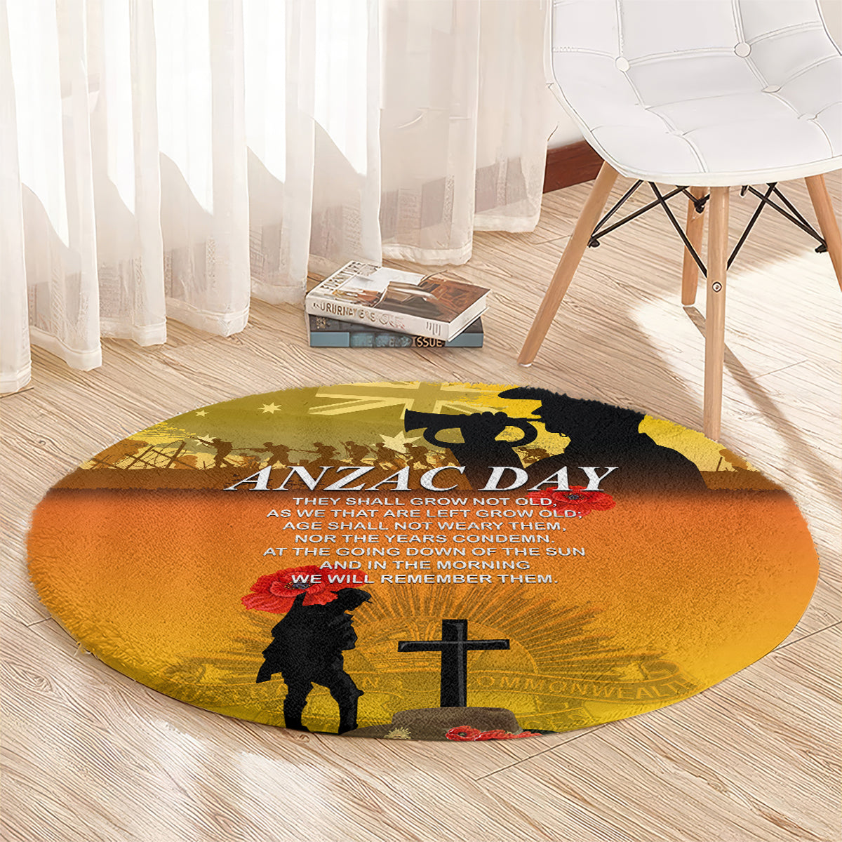 Yellow round ANZAC Day carpet with soldier silhouette, cross, and red poppy accents