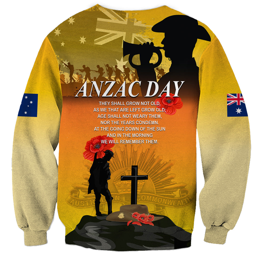 Unisex yellow sweatshirt with back graphic text ANZAC DAY and cross with poppy