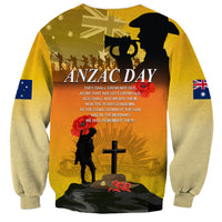 Unisex yellow sweatshirt with back graphic text ANZAC DAY and cross with poppy