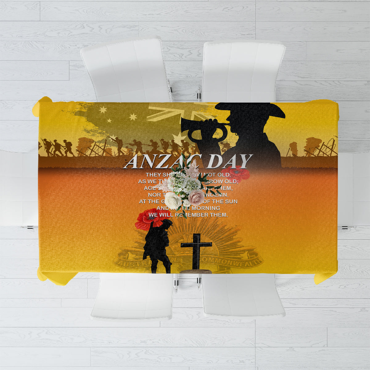Yellow ANZAC Day tablecloth with soldier silhouette, cross and poppy graphic center