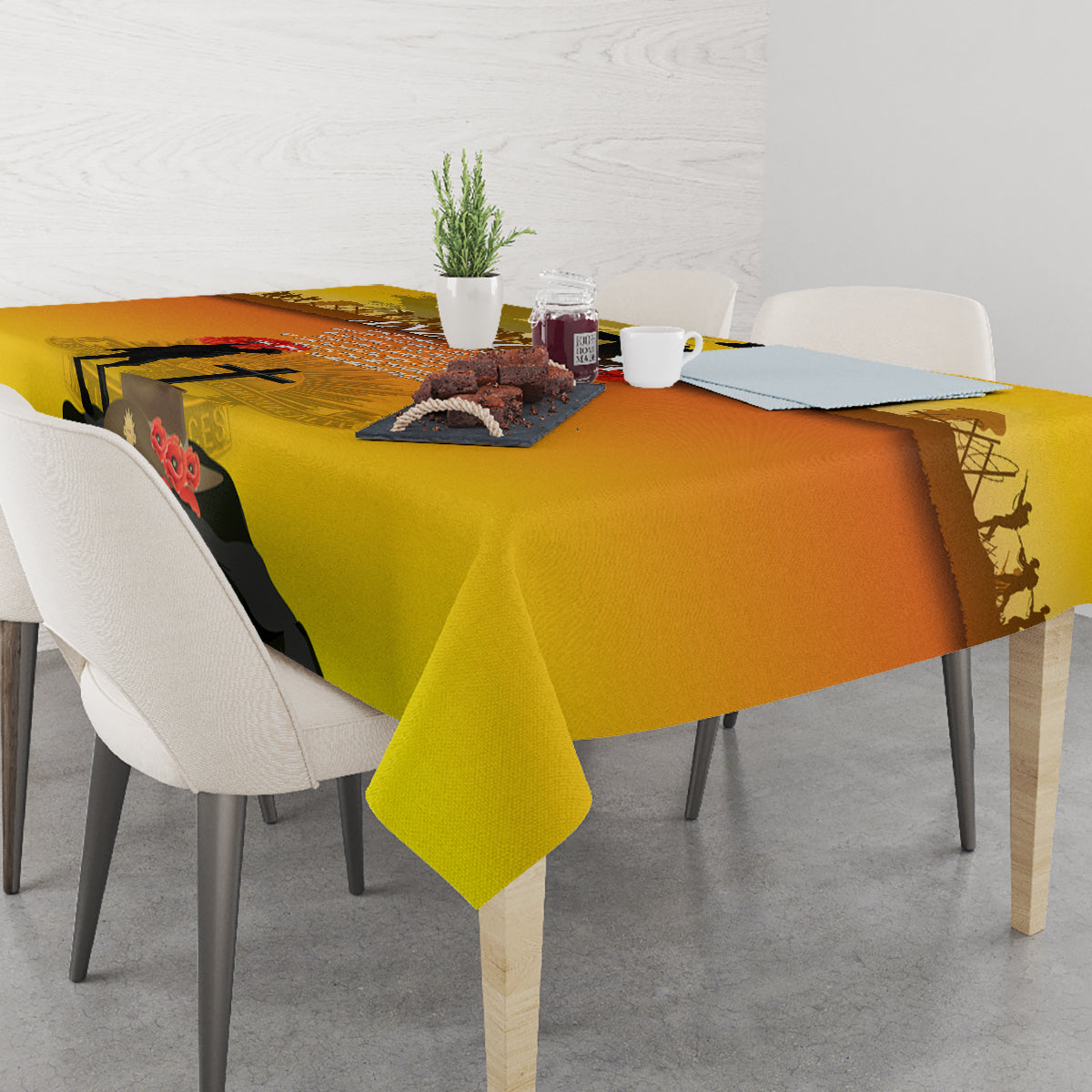 Yellow ANZAC Day tablecloth with soldier silhouette and cross print on corner and center