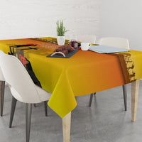 Yellow ANZAC Day tablecloth with soldier silhouette and cross print on corner and center