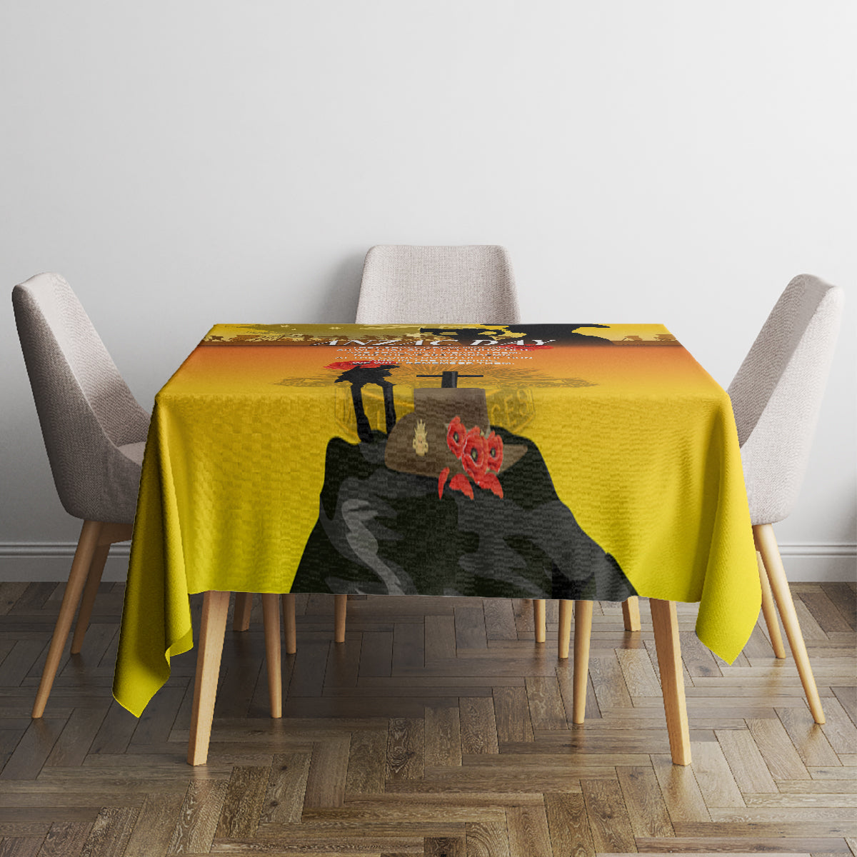 Yellow ANZAC Day tablecloth on dining table with soldier silhouette and poppy motif