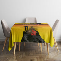 Yellow ANZAC Day tablecloth on dining table with soldier silhouette and poppy motif
