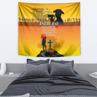 ANZAC Day tapestry with yellow and orange gradient, soldier scene and poppy flowers