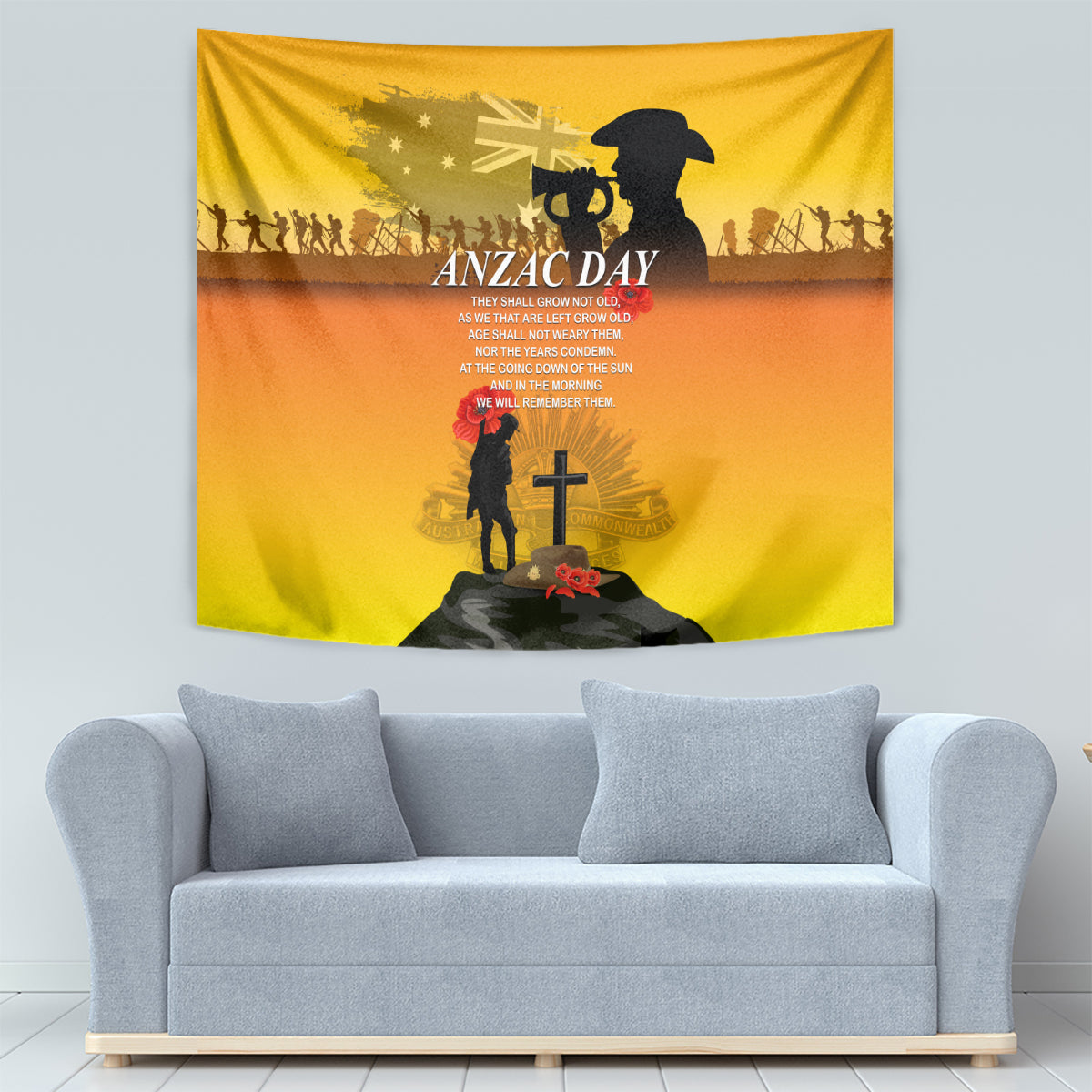 ANZAC Day tapestry hanging on wall, yellow design featuring soldier, cross, and poppies
