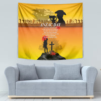ANZAC Day tapestry hanging on wall, yellow design featuring soldier, cross, and poppies