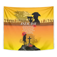 ANZAC Day tapestry close-up, yellow artwork with soldier, cross, and “ANZAC DAY” title