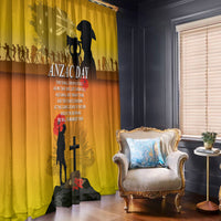 Yellow ANZAC Day window curtains with soldier silhouette and cross print, room corner view