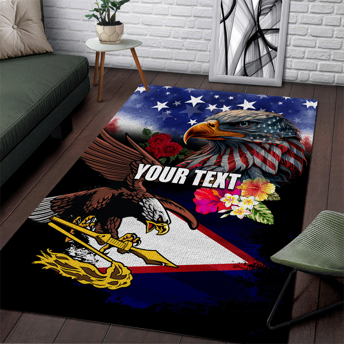 Personalised United States and American Samoa Area Rug Bald Eagle Rose and Hibiscus Flower - Wonder Print Shop