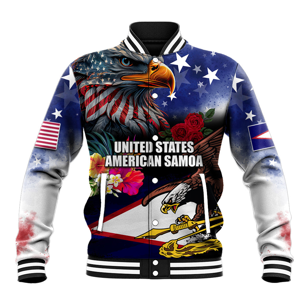Blue baseball jacket with eagle, stars, roses and hibiscus, front varsity graphic